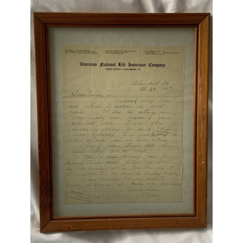 Antique Framed Signed Handwritten Letter 1907, Ephemera Insurance Deed Mentioned